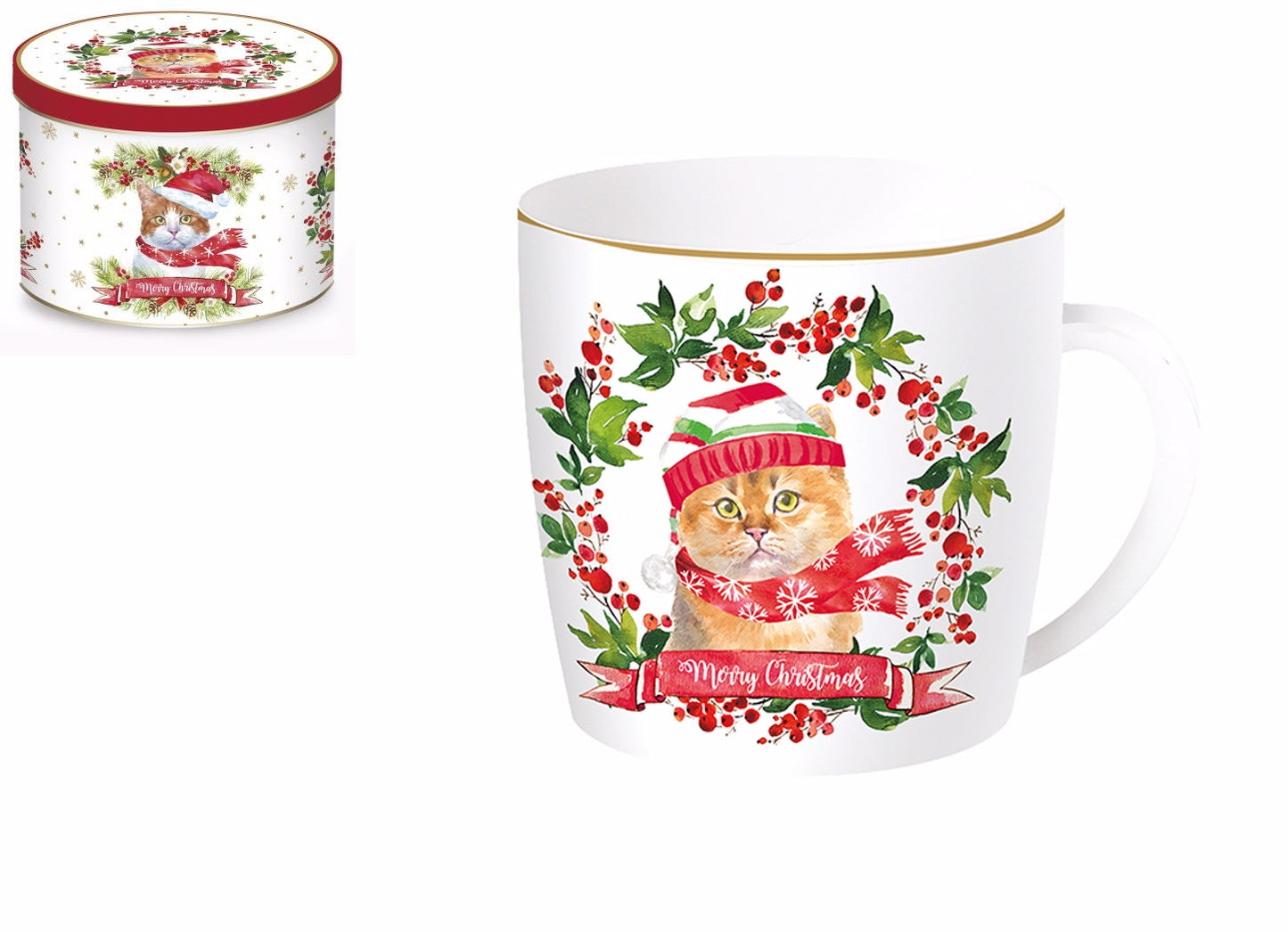 Taza de porcelana inglesa con lata "Crhistmas cat" 350 ml
