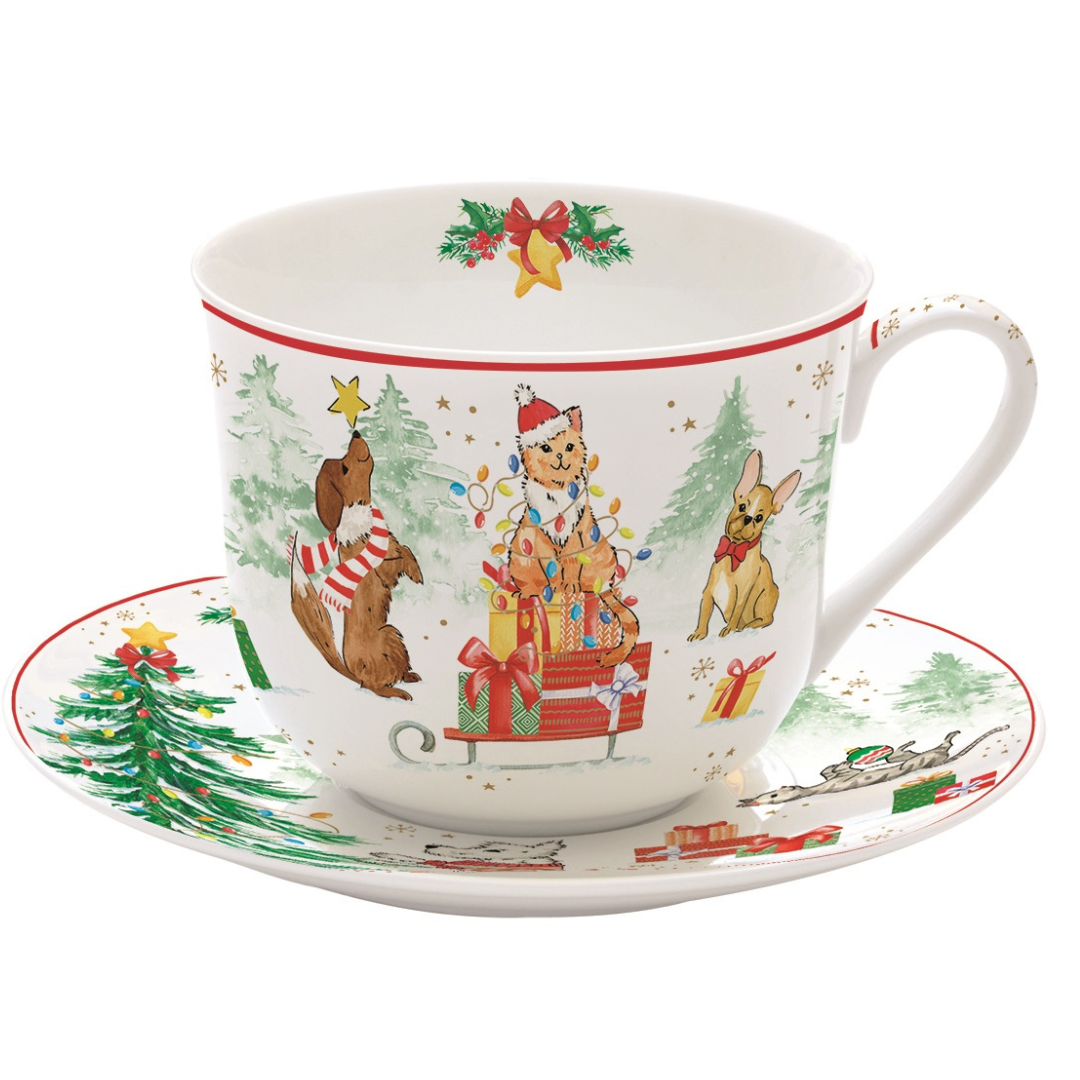 "Mascotas" taza desayuno de porcelana inglesa con plato-400 ml.