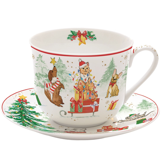 "Mascotas" taza desayuno de porcelana inglesa con plato-400 ml.