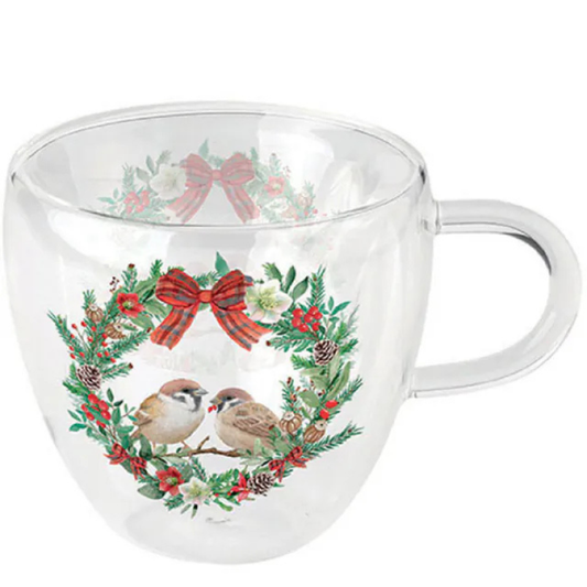 Taza de cristal de doble pared Sparrows in Wreath 200ml