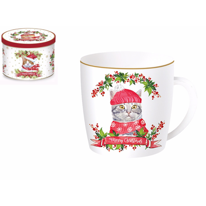 Taza de porcelana inglesa con lata "Crhistmas cat" 350 ml