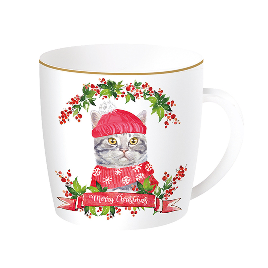 Taza de porcelana inglesa con lata "Crhistmas cat" 350 ml