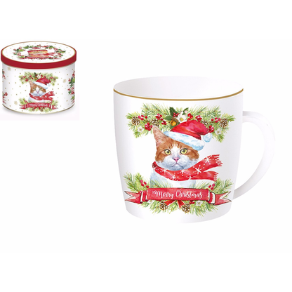 Taza de porcelana inglesa con lata "Crhistmas cat" 350 ml
