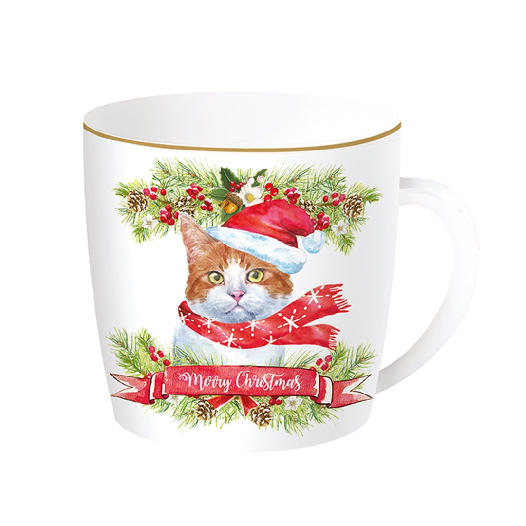 Taza de porcelana inglesa con lata "Crhistmas cat" 350 ml