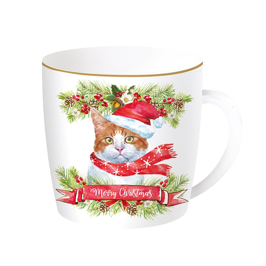 Taza de porcelana inglesa con lata "Crhistmas cat" 350 ml