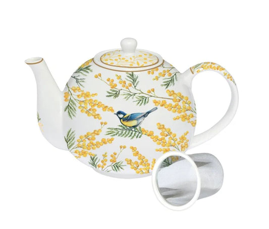 tetera de porcelana inglesa mimosas y herrerillo