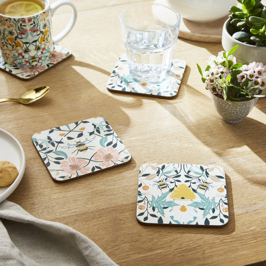 posavasos con flores y abejas
