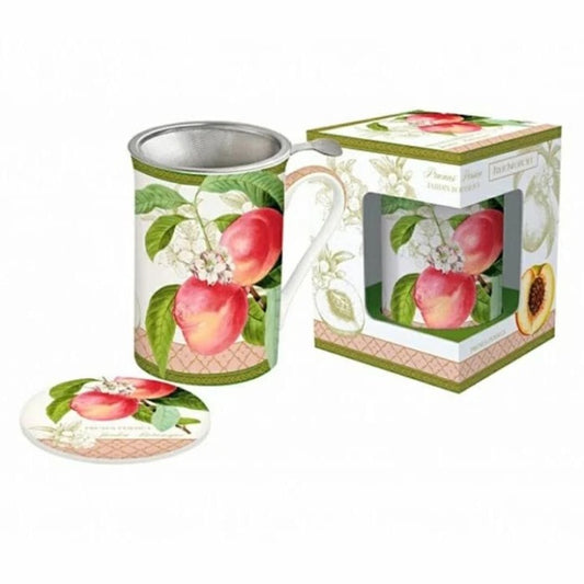 taza de porcelana con filtro decorada con melocotones
