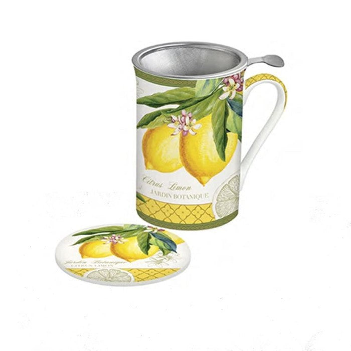 taza de porcelana con filtro y limones